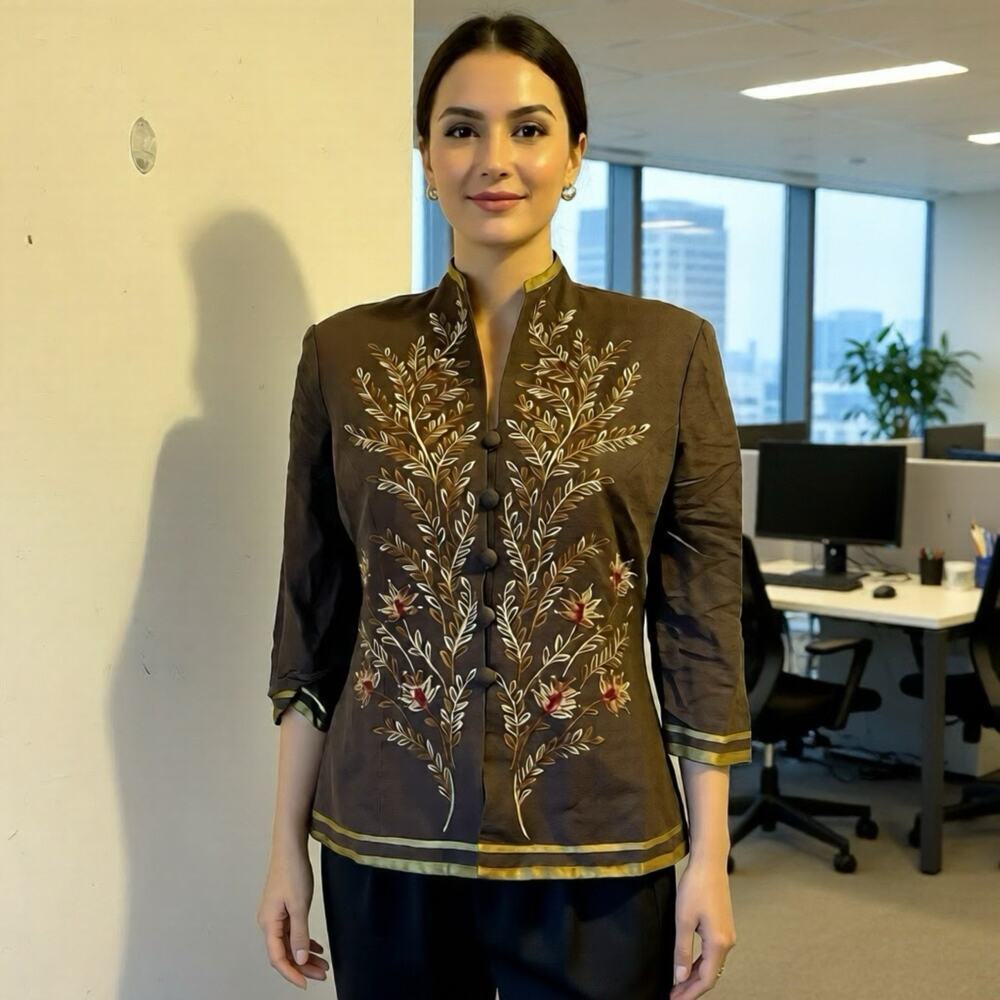 VTG AdriannaPapell Women 6 Brown Embroidered Jacket Blazer Career Party Linen Bl